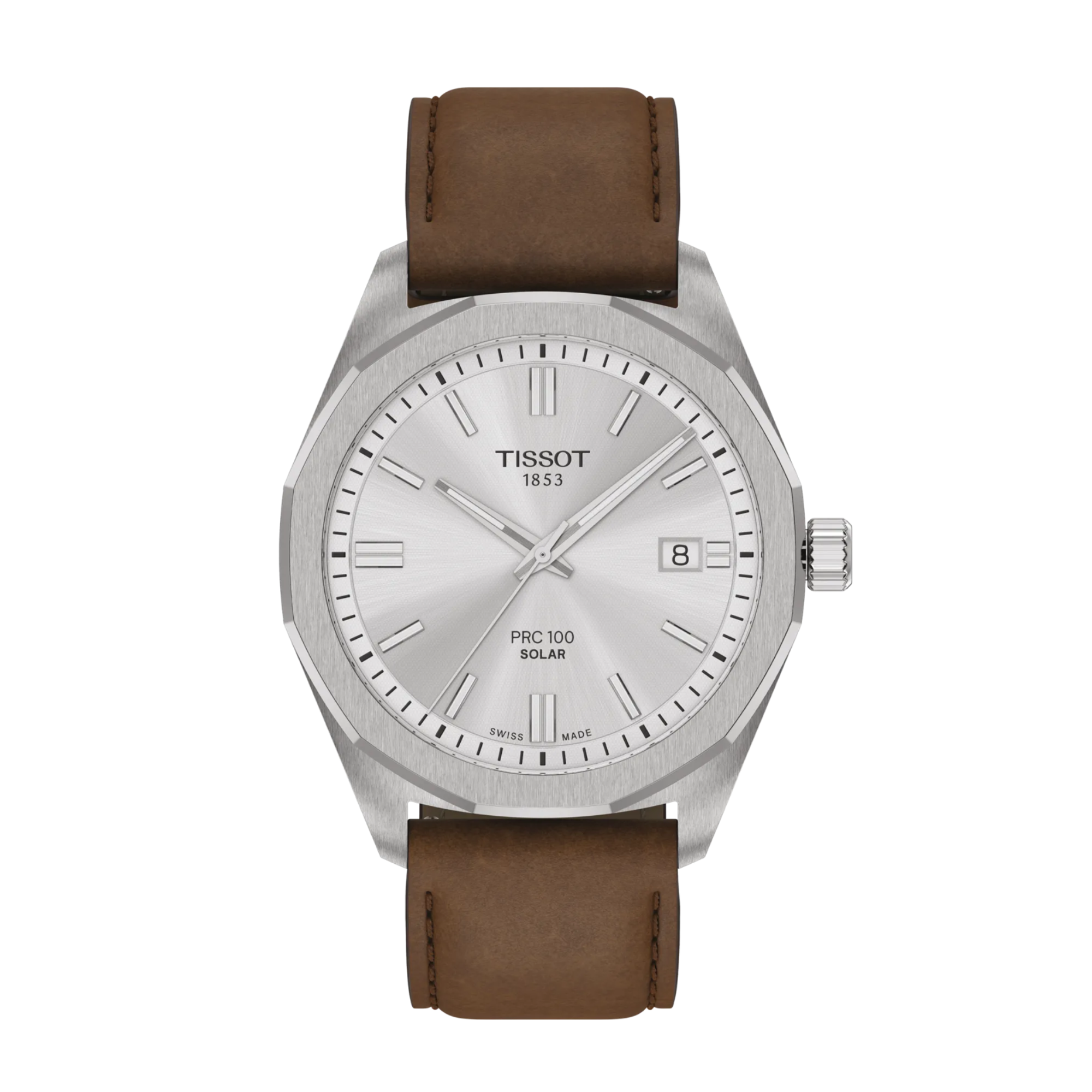 Tissot T1514221603100 PRC 100 Solar Quartz 39mm Mens Watch Silver Leather - Bijoux Eclore