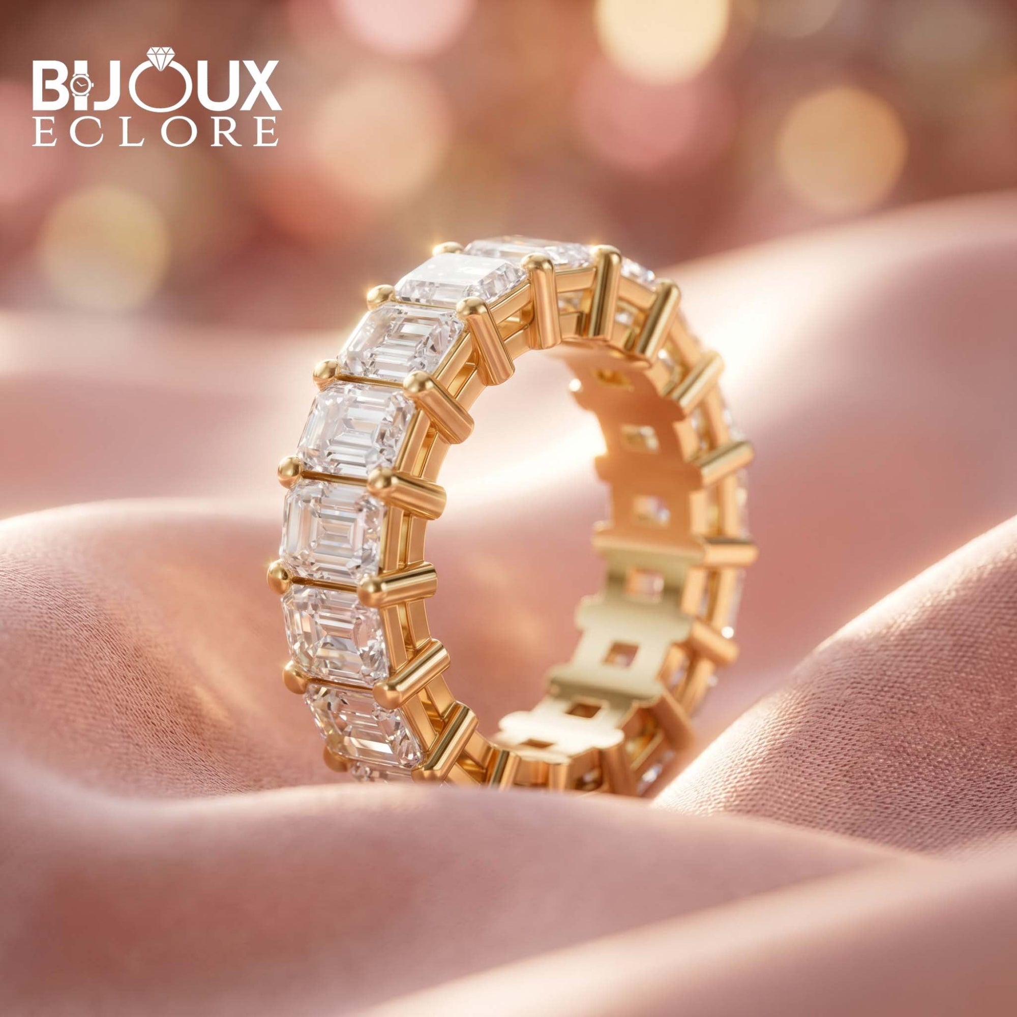 Luxury Full Eternity Diamond Ring in Yellow Gold with Emerald Cut Center Stones - Bijoux Eclore