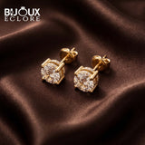 Elegant Yellow Gold Diamond Solitaire Stud Earrings with Brilliant Round Center Stones and Pavé Accents - Bijoux Eclore