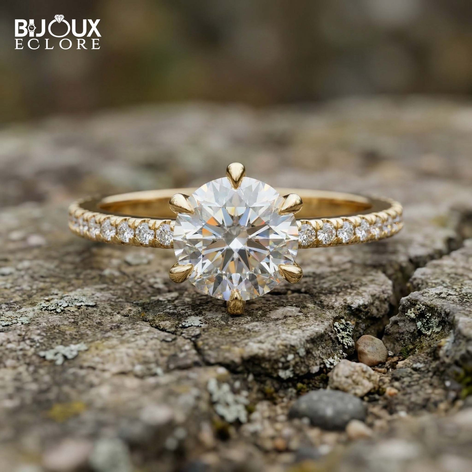 Brilliant Round-Cut Diamond Engagement Ring with Sparkling Side Stones on a Classic Gold Band - Bijoux Eclore