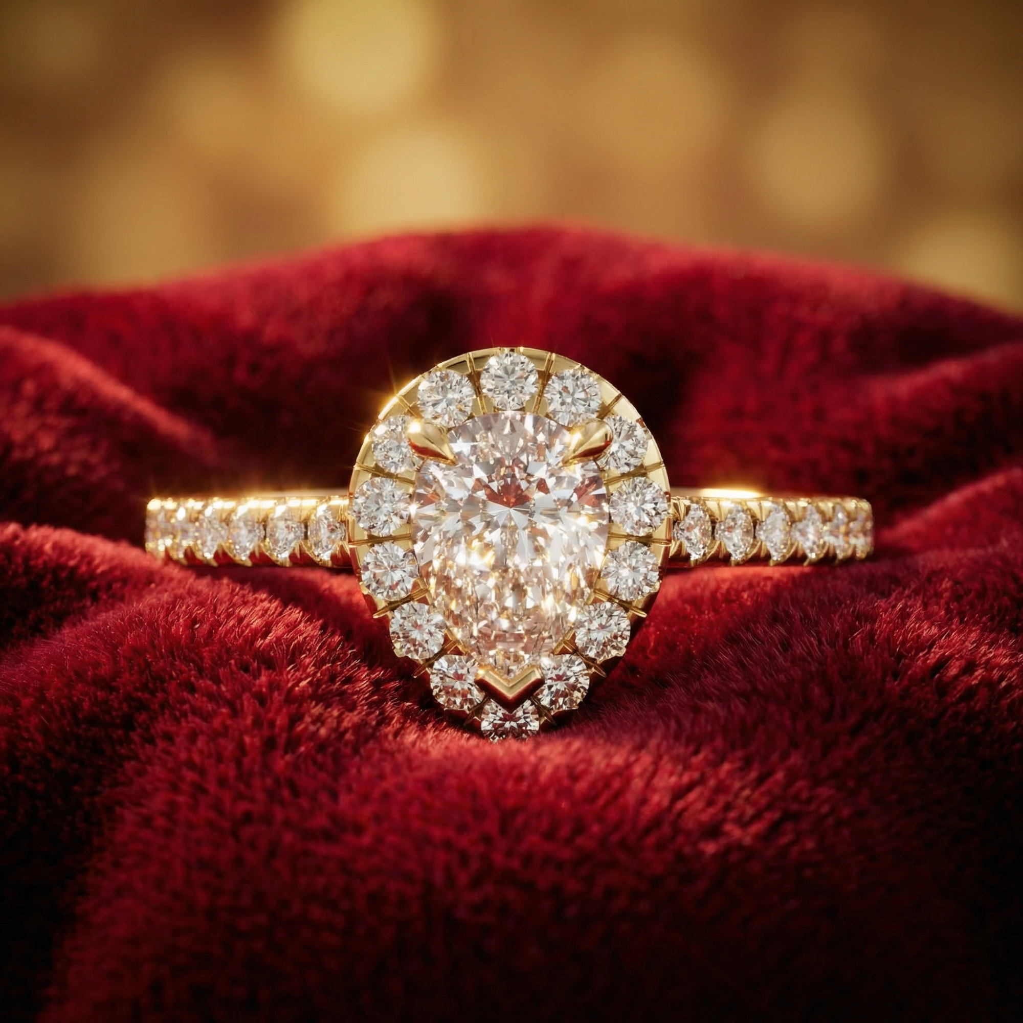 Premium Pear Shape Diamond Engagement Ring – Gold Halo Design with Pavé Band - Bijoux Eclore