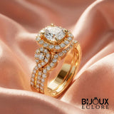 Luxury Gold Halo Engagement Ring for Women with Round Brilliant Center Stone and Double Diamond Band - Bijoux Eclore