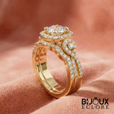 Luxury Gold Halo Engagement Ring for Women with Round Brilliant Center Stone and Double Diamond Band - Bijoux Eclore