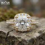 Cushion-Cut Diamond Halo Ring with Brilliant Accent Diamonds on a Lustrous Gold Band - Bijoux Eclore