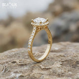 Cushion-Cut Diamond Halo Ring with Brilliant Accent Diamonds on a Lustrous Gold Band - Bijoux Eclore