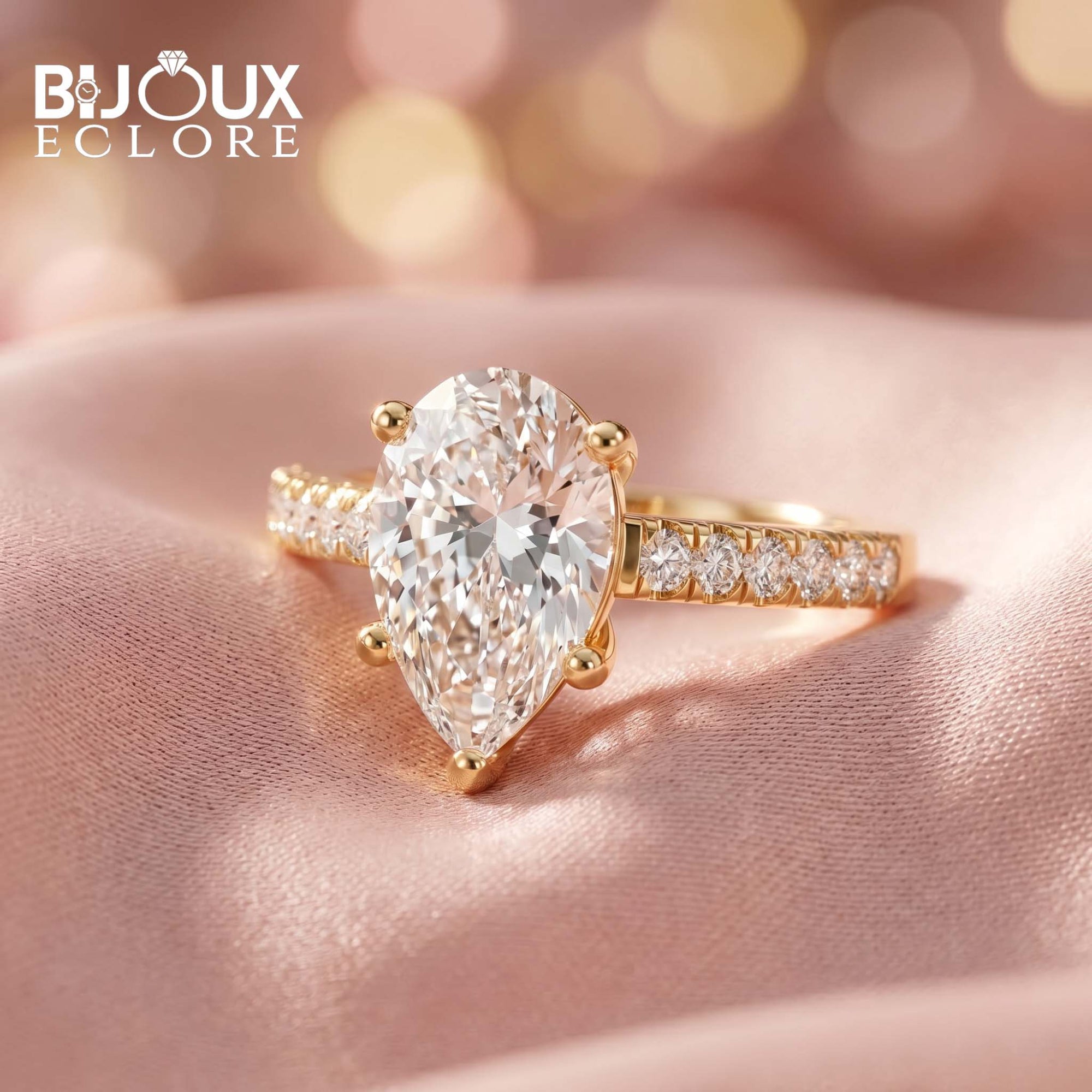 Gold Pear Cut Diamond Ring with Shared-Prong Accent Stones - Bijoux Eclore