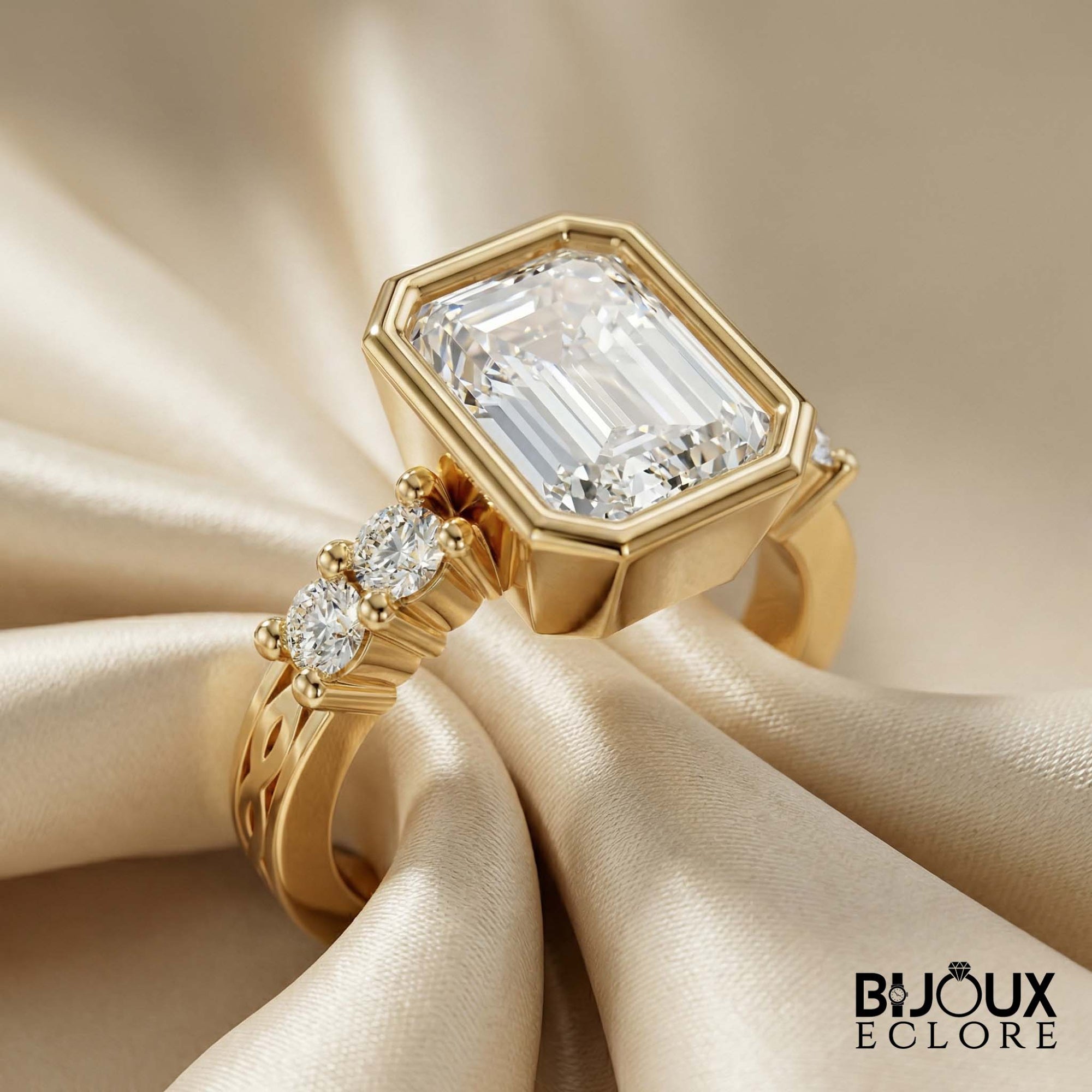 Diamond Ring with an Emerald-Cut Centerpiece and Timeless Gold Detailing - Bijoux Eclore