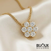 Elegant Gold Floral Diamond Cluster Pendant Necklace for Women with Round Brilliant Stone Flower Design - Bijoux Eclore
