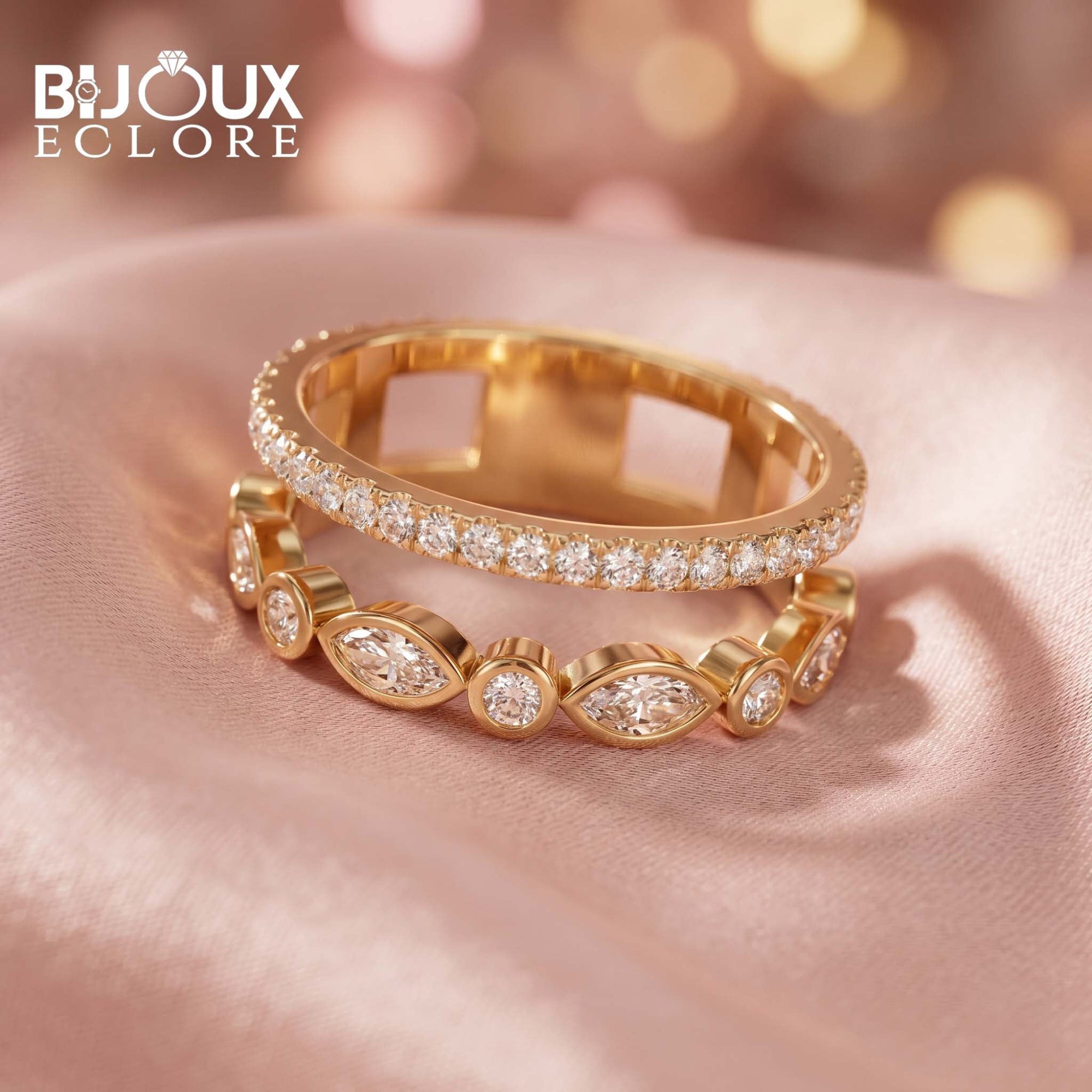 Yellow Gold Openwork Diamond Band with Dual Sparkle Rows - Bijoux Eclore