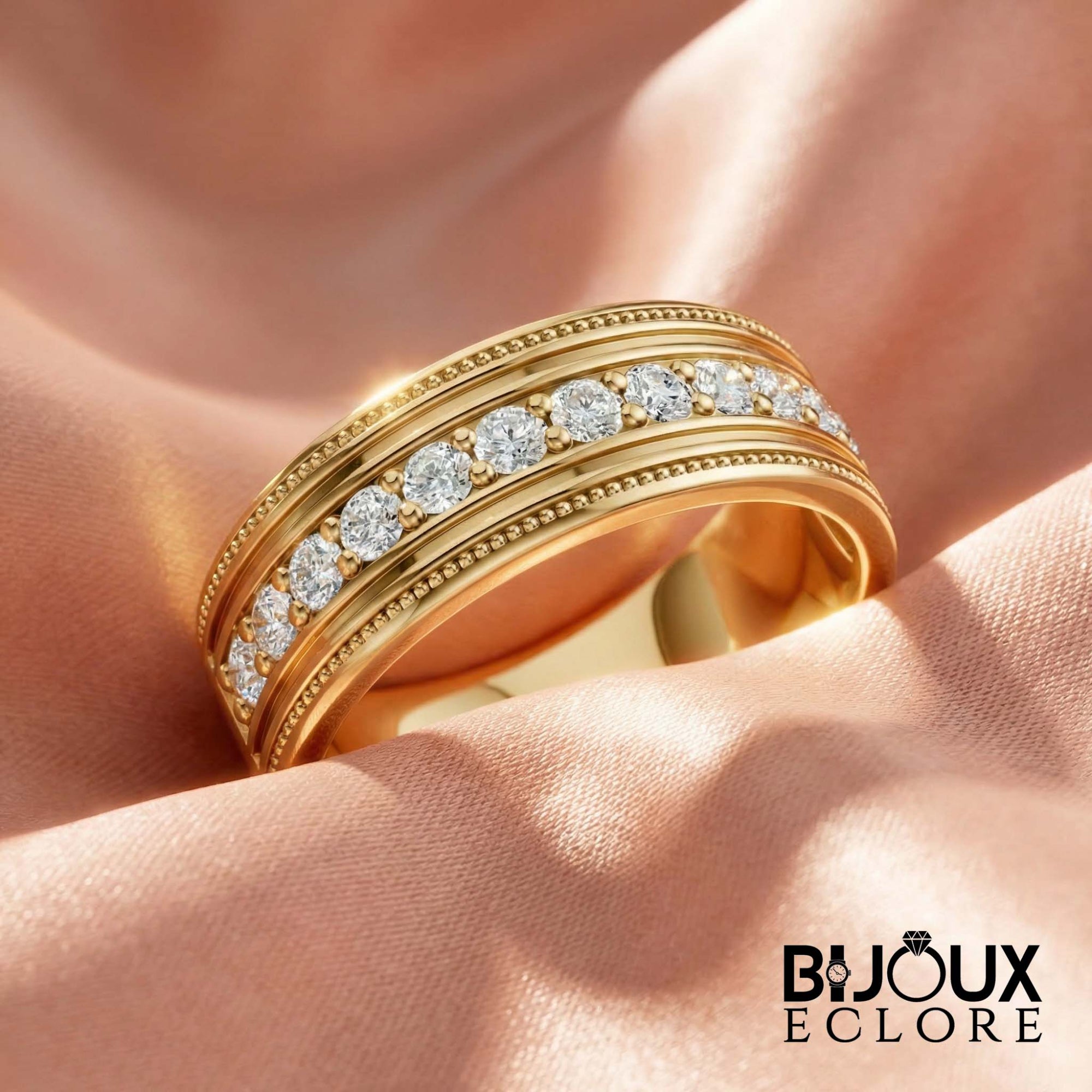 Luxury Gold Statement Band Ring with Channel Set Round Diamonds and Vintage Inspired Detail - Bijoux Eclore