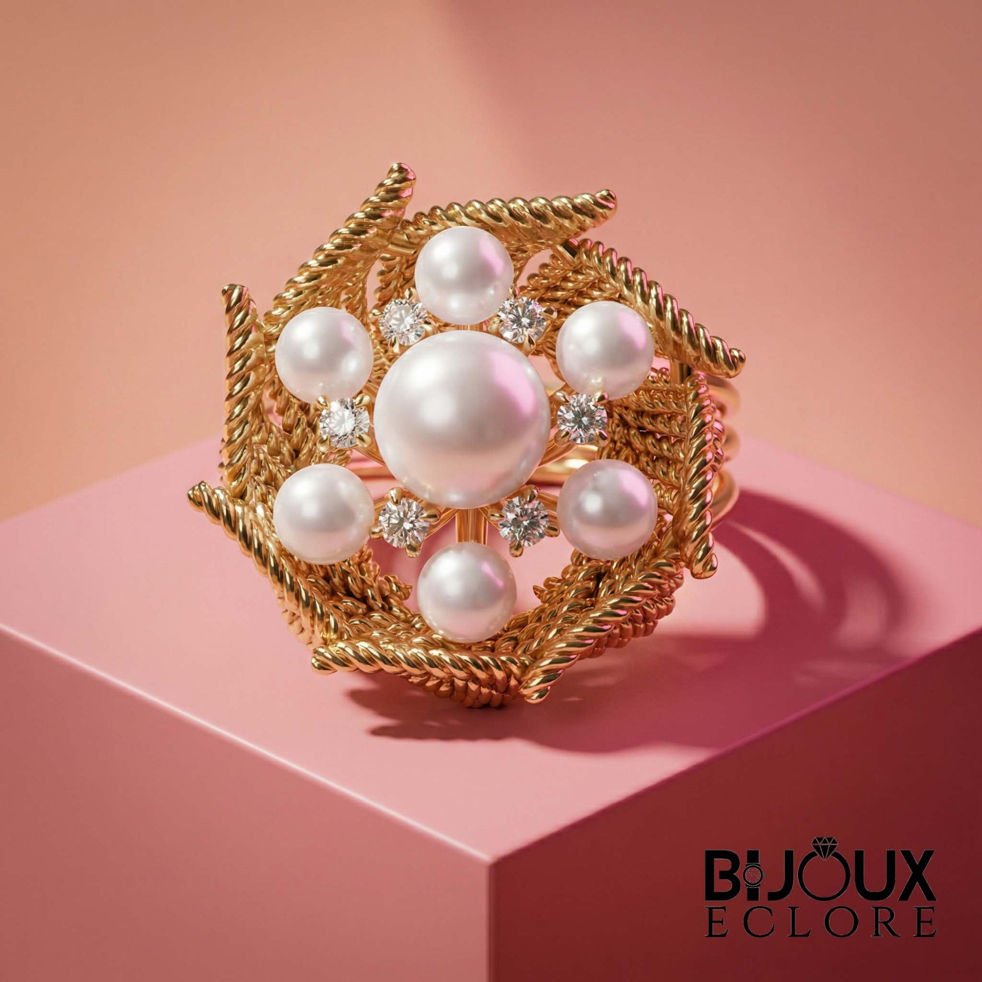 Premium Gold Leaf Pearl Cocktail Ring with Brilliant Diamond Accents Timeless Luxury Jewelry for Women - Bijoux Eclore