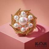 Premium Gold Leaf Pearl Cocktail Ring with Brilliant Diamond Accents Timeless Luxury Jewelry for Women - Bijoux Eclore