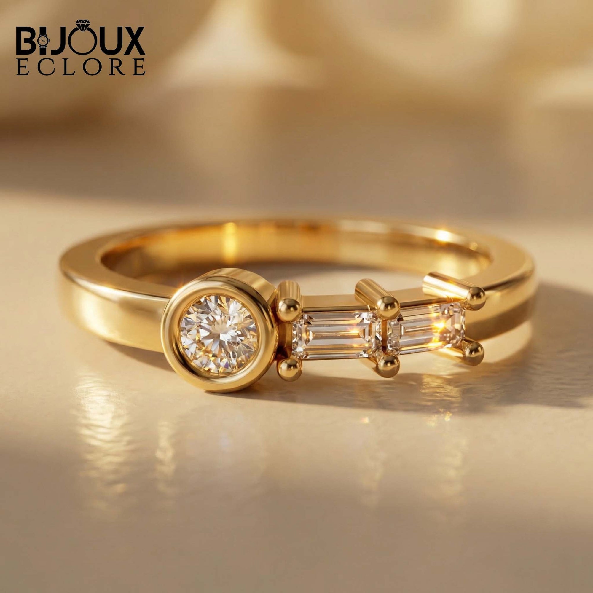 Sculptural Solid Gold Ring Showcasing a Radiant Round Centerpiece and a Parallel Duo of Precision-Cut Baguette Diamonds - Bijoux Eclore