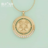 Gold Libra Zodiac Coin Pendant with Sparkling Diamond Rim - Bijoux Eclore
