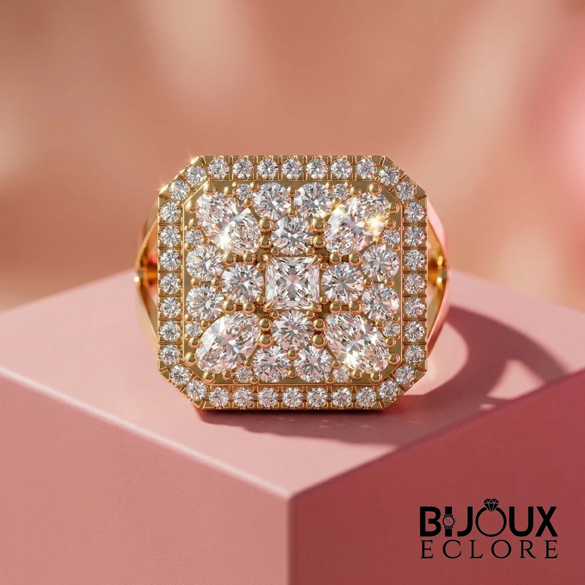 High Luxury Gold Statement Ring with Square Diamond Cluster Top and Sparkling Halo Frame - Bijoux Eclore
