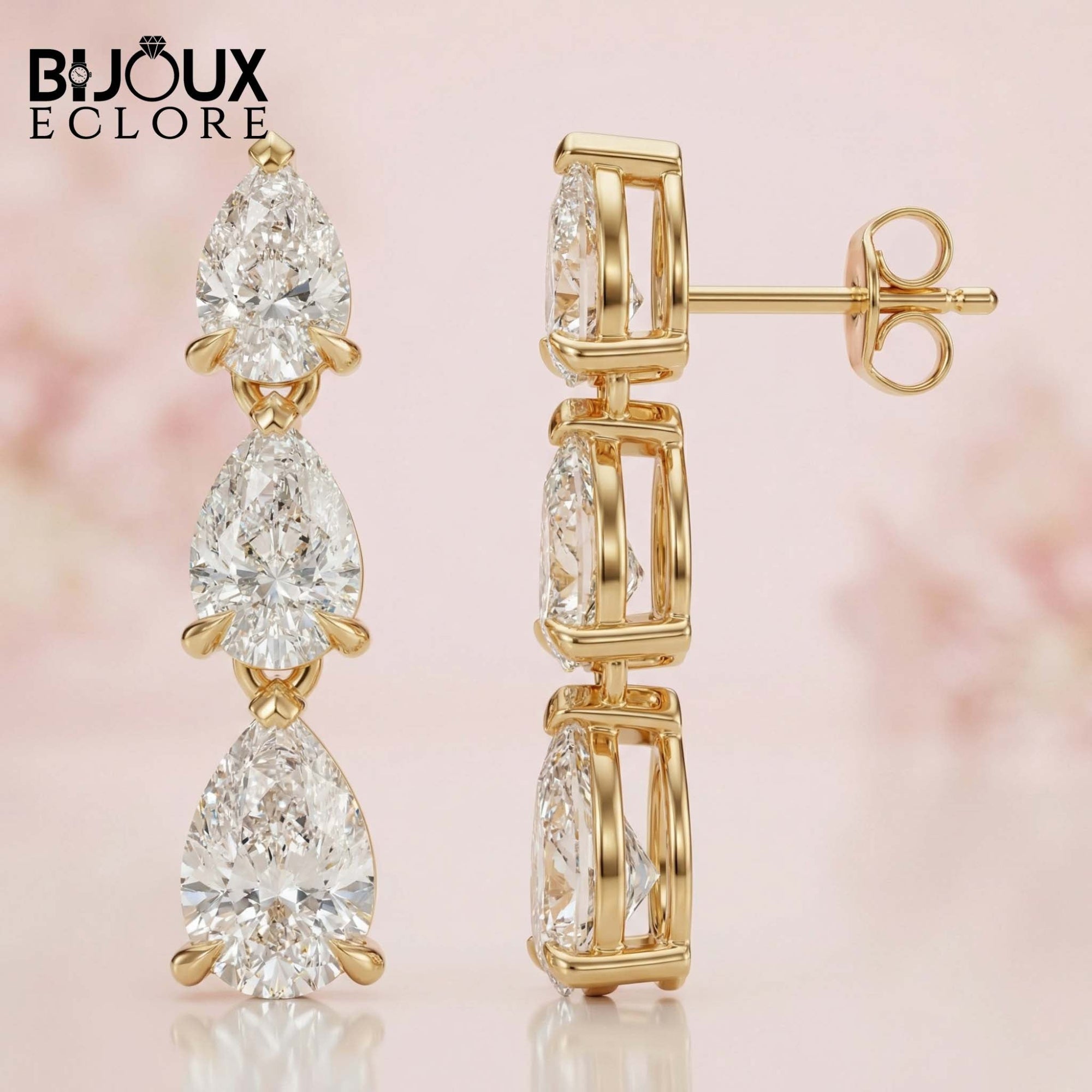 Vertical Masterpiece Featuring Three Stacked Pear-Cut Brilliance Stones in a Seamless Prong Setting Earrings - Bijoux Eclore
