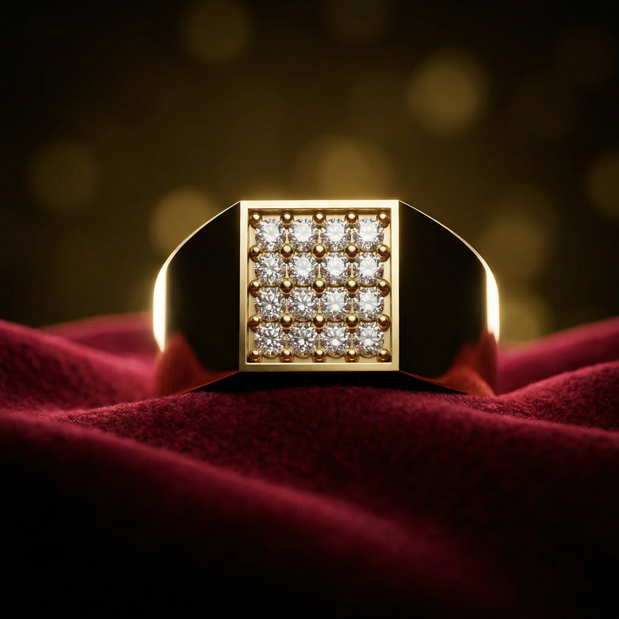 Premium Gold Ring with Diamond Cluster – Bold Square Signet Style - Bijoux Eclore
