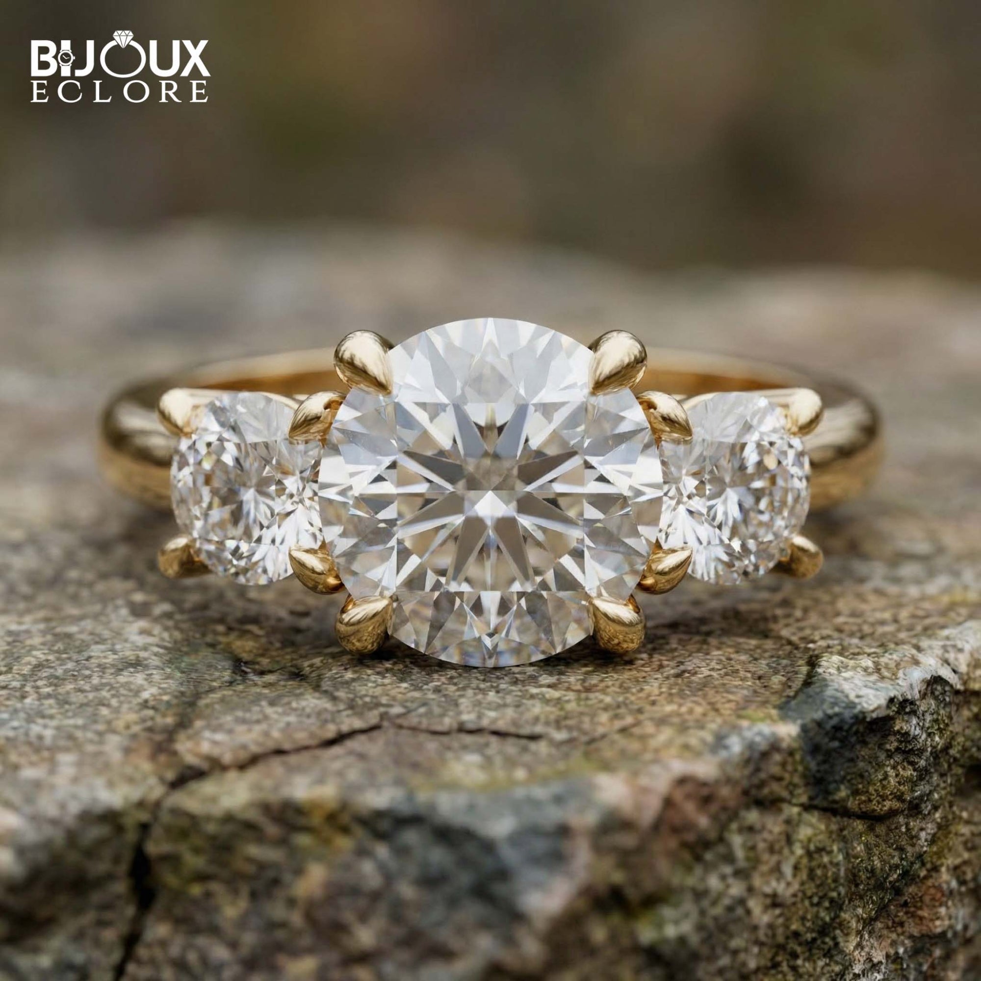 Oval-Cut Center Diamond with Flanking Round Accent Stones Set in a Timeless Yellow Gold Band - Bijoux Eclore