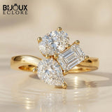 hree Diamond Cluster Ring with Round Brilliant, Pear and Emerald Cut Diamonds in Yellow Gold Ring - Bijoux Eclore