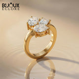 hree Diamond Cluster Ring with Round Brilliant, Pear and Emerald Cut Diamonds in Yellow Gold Ring - Bijoux Eclore