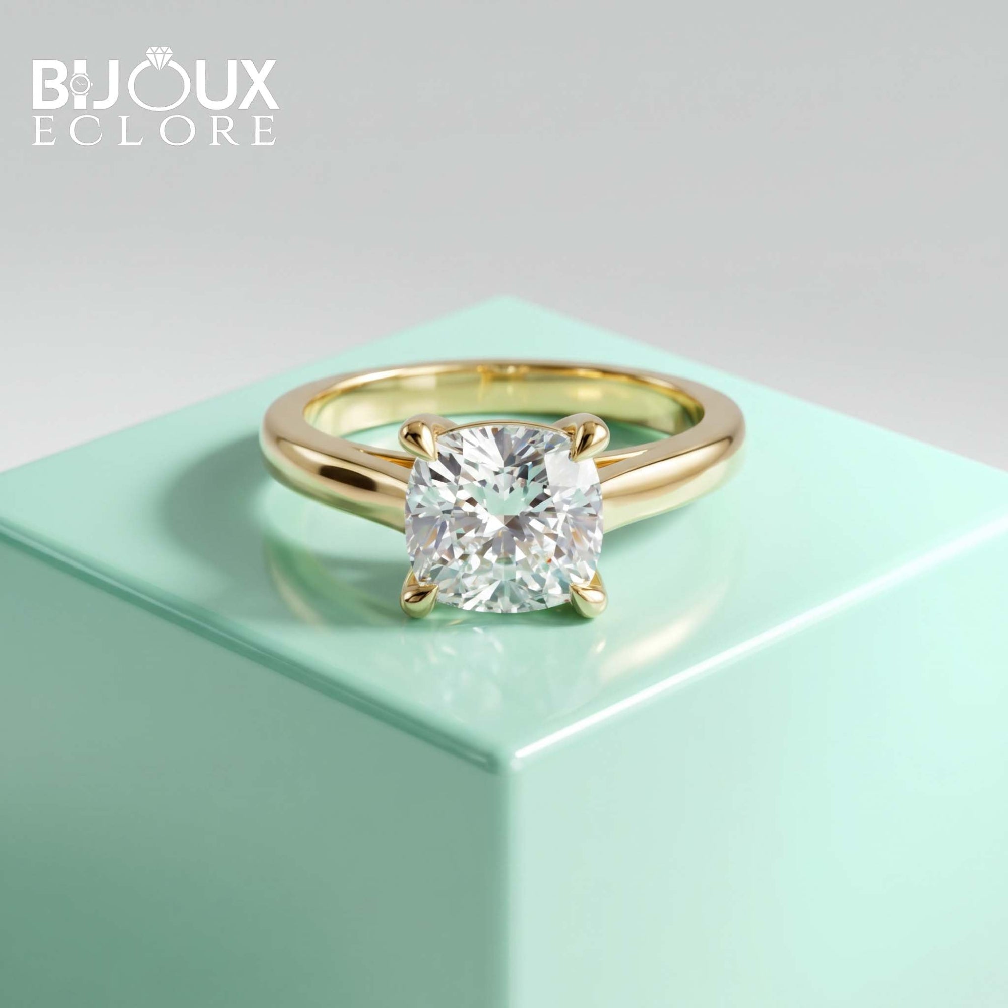Gold Cushion Solitaire Ring with Four-Prong Setting - Bijoux Eclore