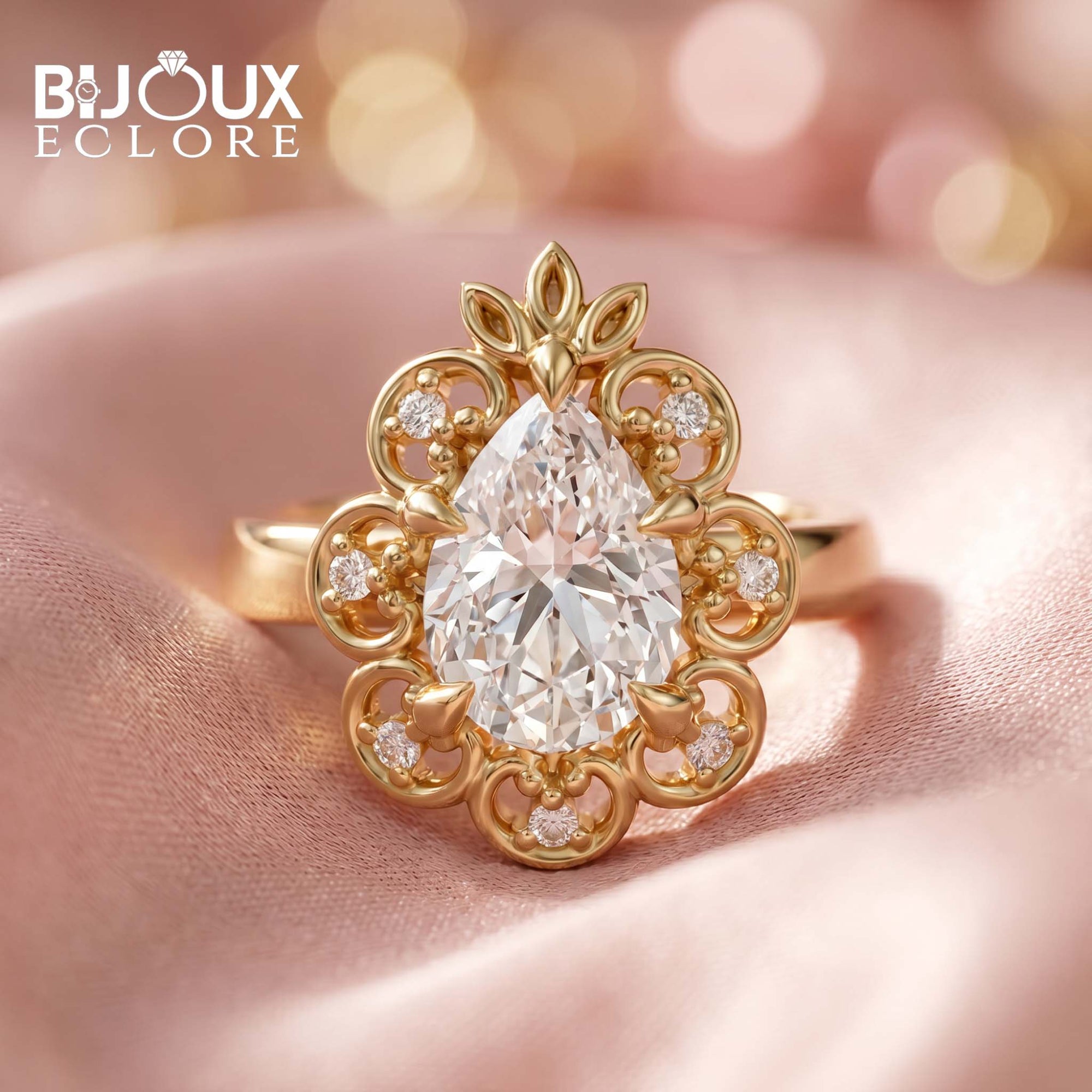 Maison Éclat Crown Halo Diamond Ring with Sculpted Floral Gold Setting - Bijoux Eclore