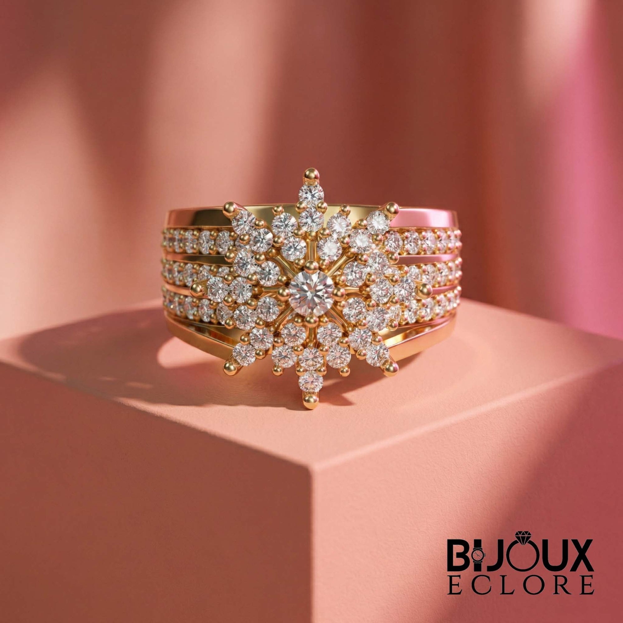 Elegant Gold Starburst Diamond Ring with Wide Multi Band Design and Sparkling Floral Cluster Top - Bijoux Eclore