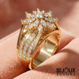 Elegant Gold Starburst Diamond Ring with Wide Multi Band Design and Sparkling Floral Cluster Top - Bijoux Eclore