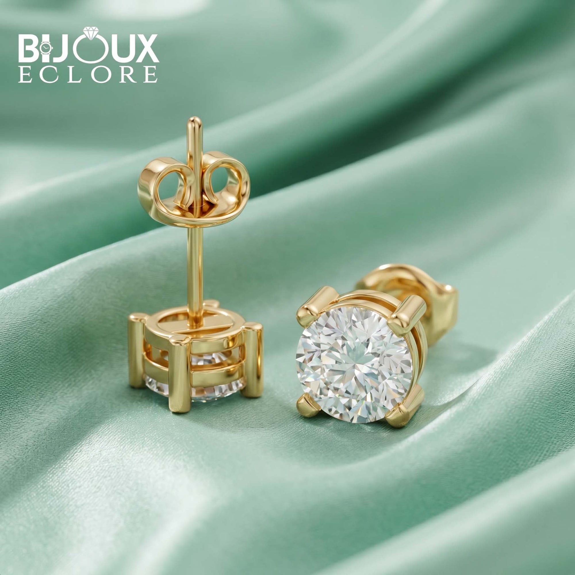Yellow Gold Round Diamond Stud Earrings with Polished Claw Detail - Bijoux Eclore