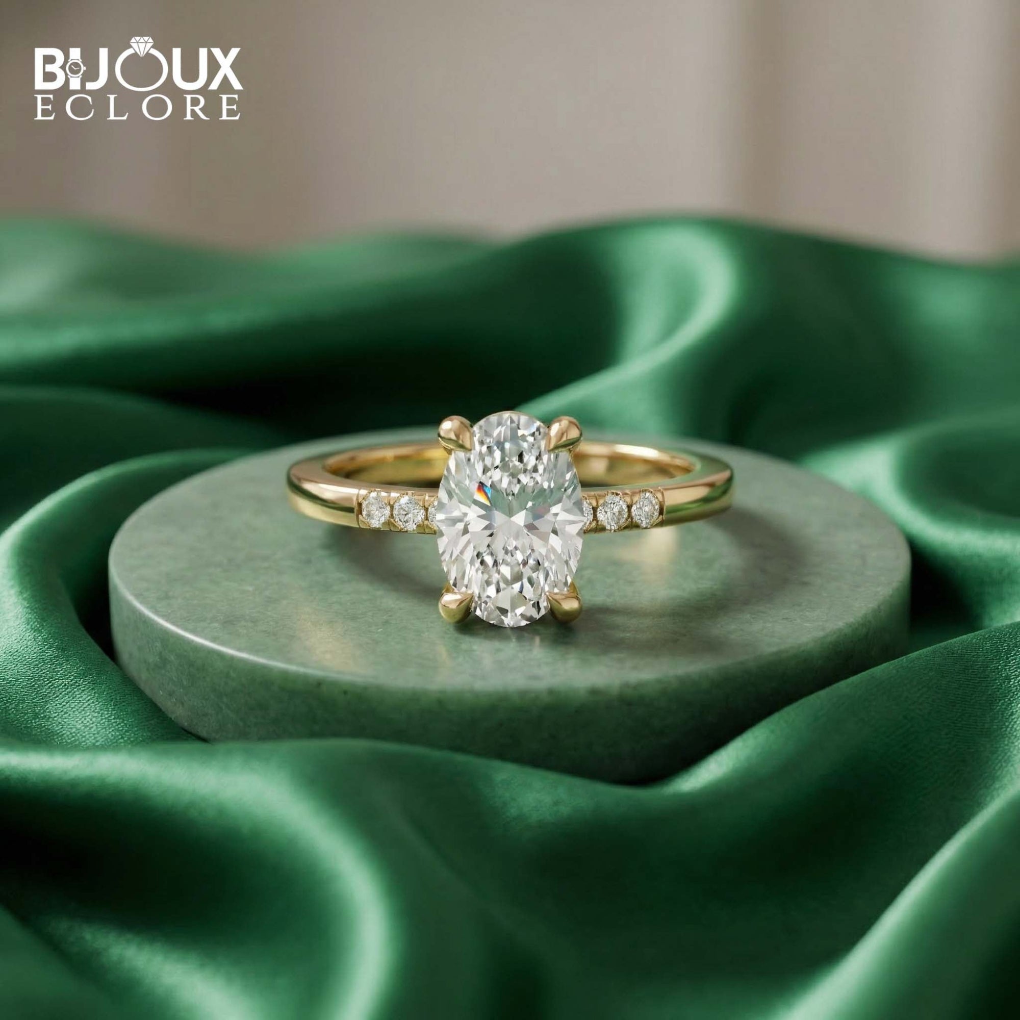 Designer-Inspired Oval Cut Diamond Ring with Refined Gold Band and Side Accents - Bijoux Eclore