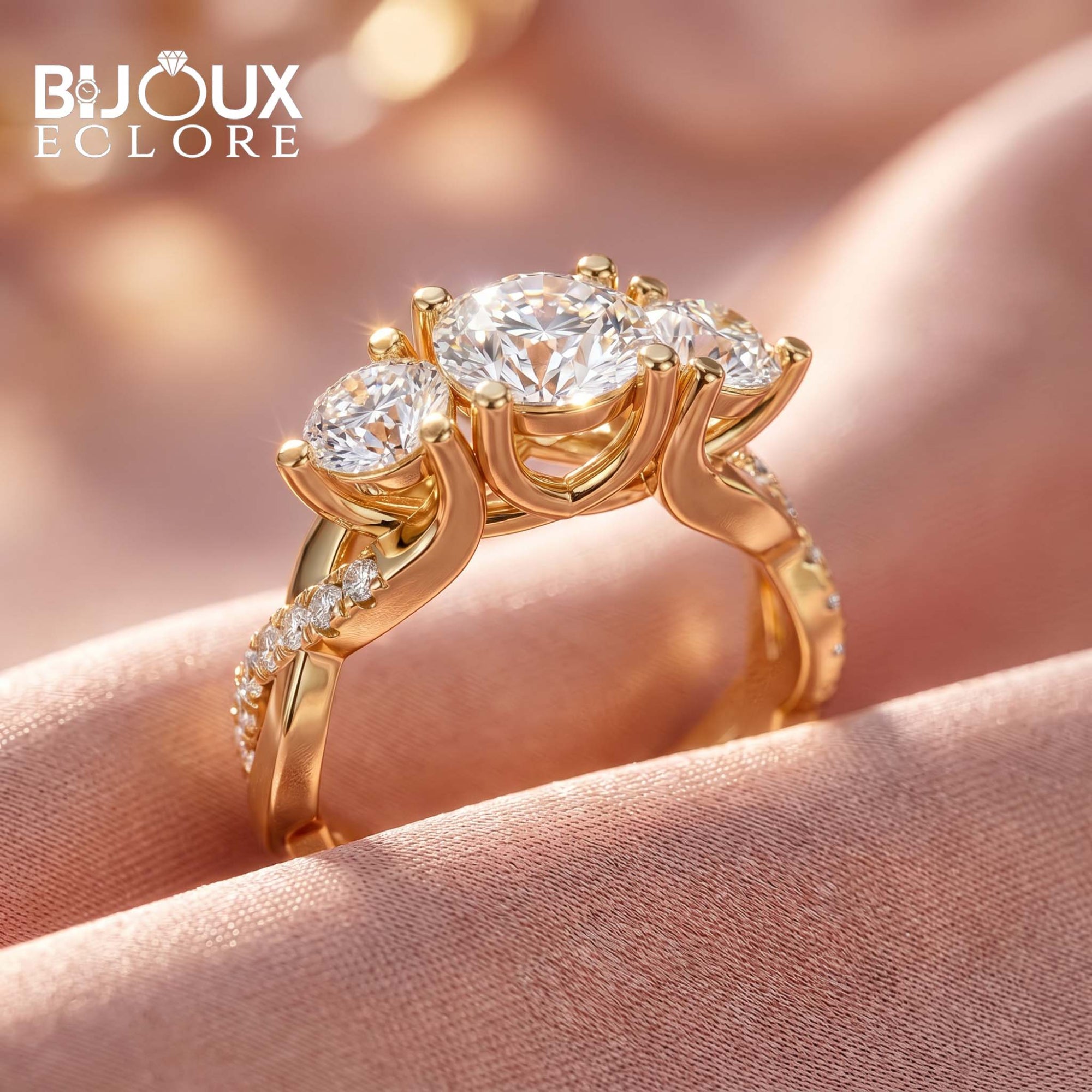 Arabella Grandeur Three-Stone Diamond Ring with Pavé Accented Yellow Gold Band - Bijoux Eclore