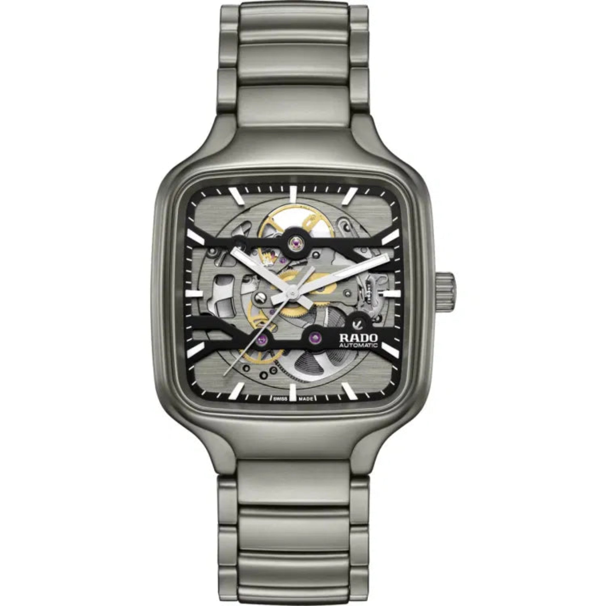 Rado R27196152 Unisex Automatic True Square Skeleton Gray Ceramic Bracelet Watch 38mm - Bijoux Eclore