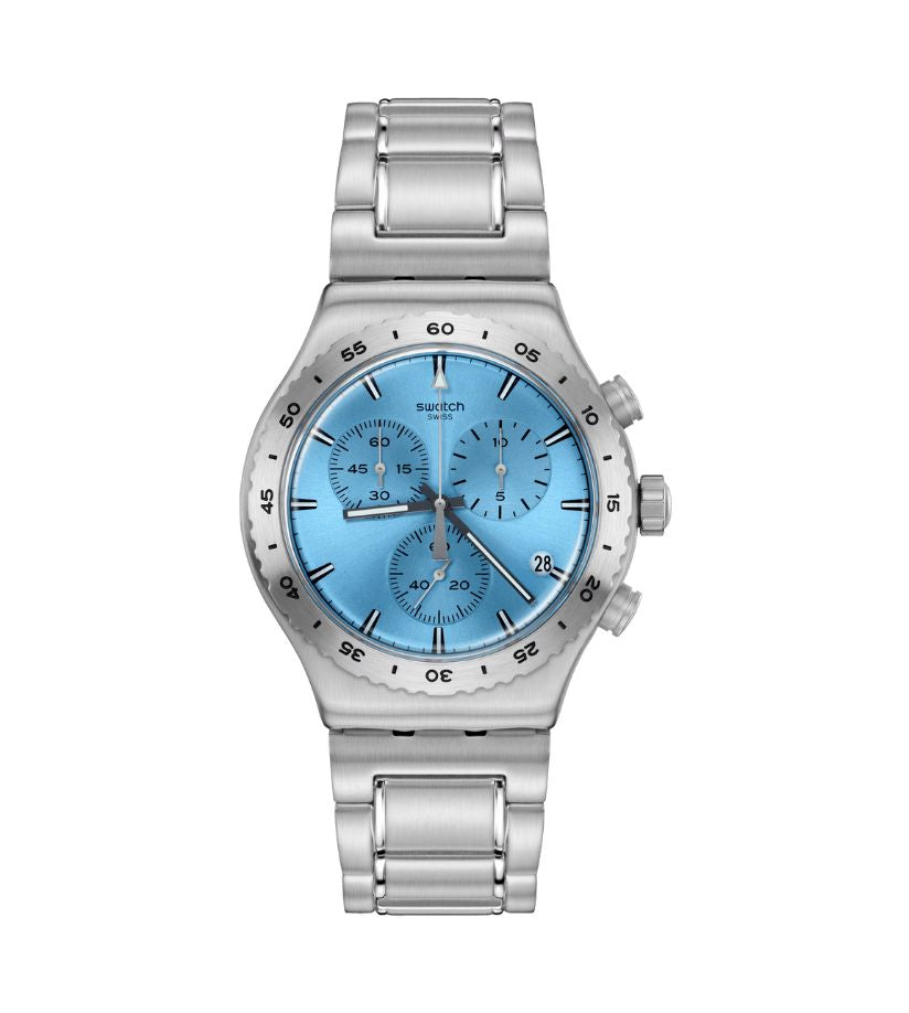 Swatch THAT'S SO PEACHY (43mm) Blue Chronograph Dial YVS528G - Bijoux Eclore