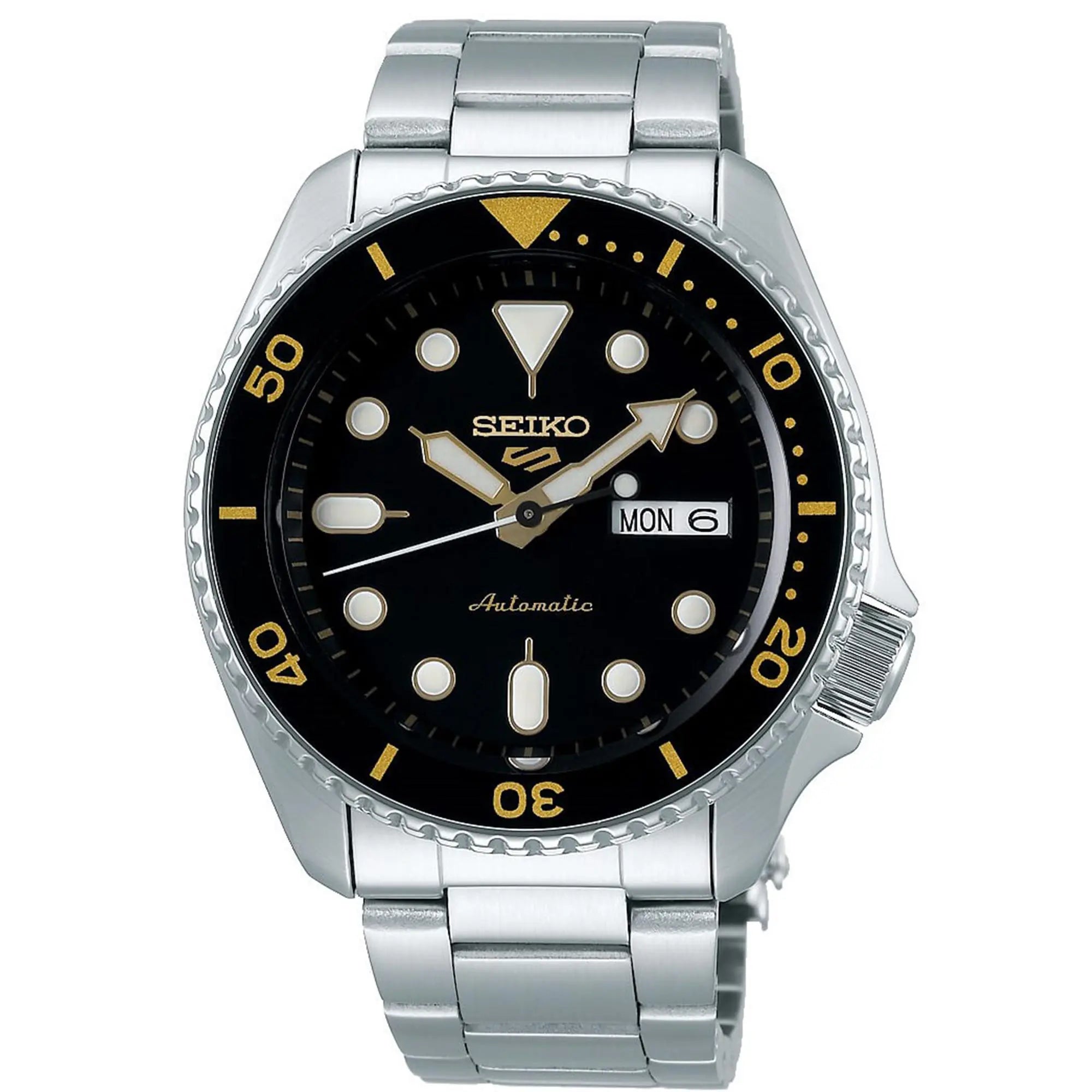 Seiko SRPE57K1J 5 Sports Black Dial Silver Stainless Steel Bracelet Automatic Men’s Watch - Bijoux Eclore