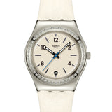Swatch Irony Medium Glacial Petals YLS471 White Leather Strap Watch