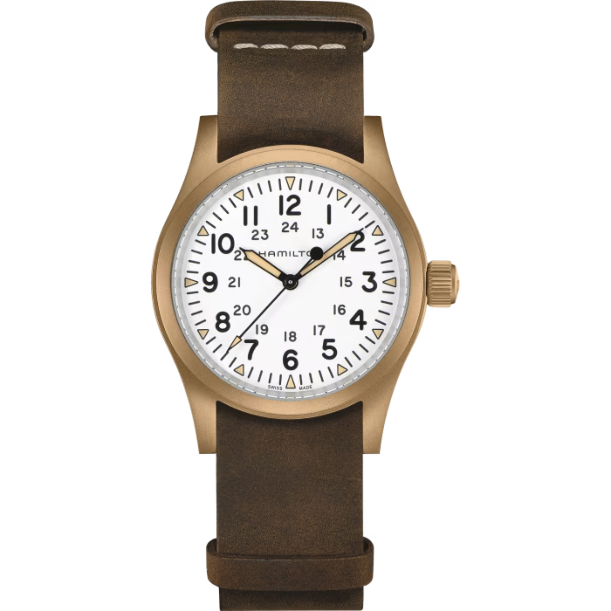 Hamilton Khaki Field Mechanical White Dial Bronze Titanium Leather Strap Men's Watch H69459510 - Bijoux Eclore