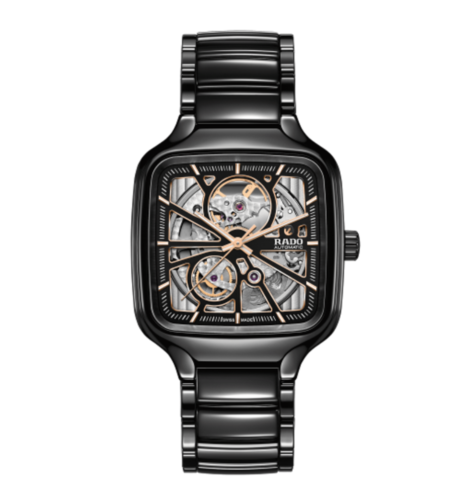 Rado True Square Black Ceramic Automatic Open Heart Watch R27086162