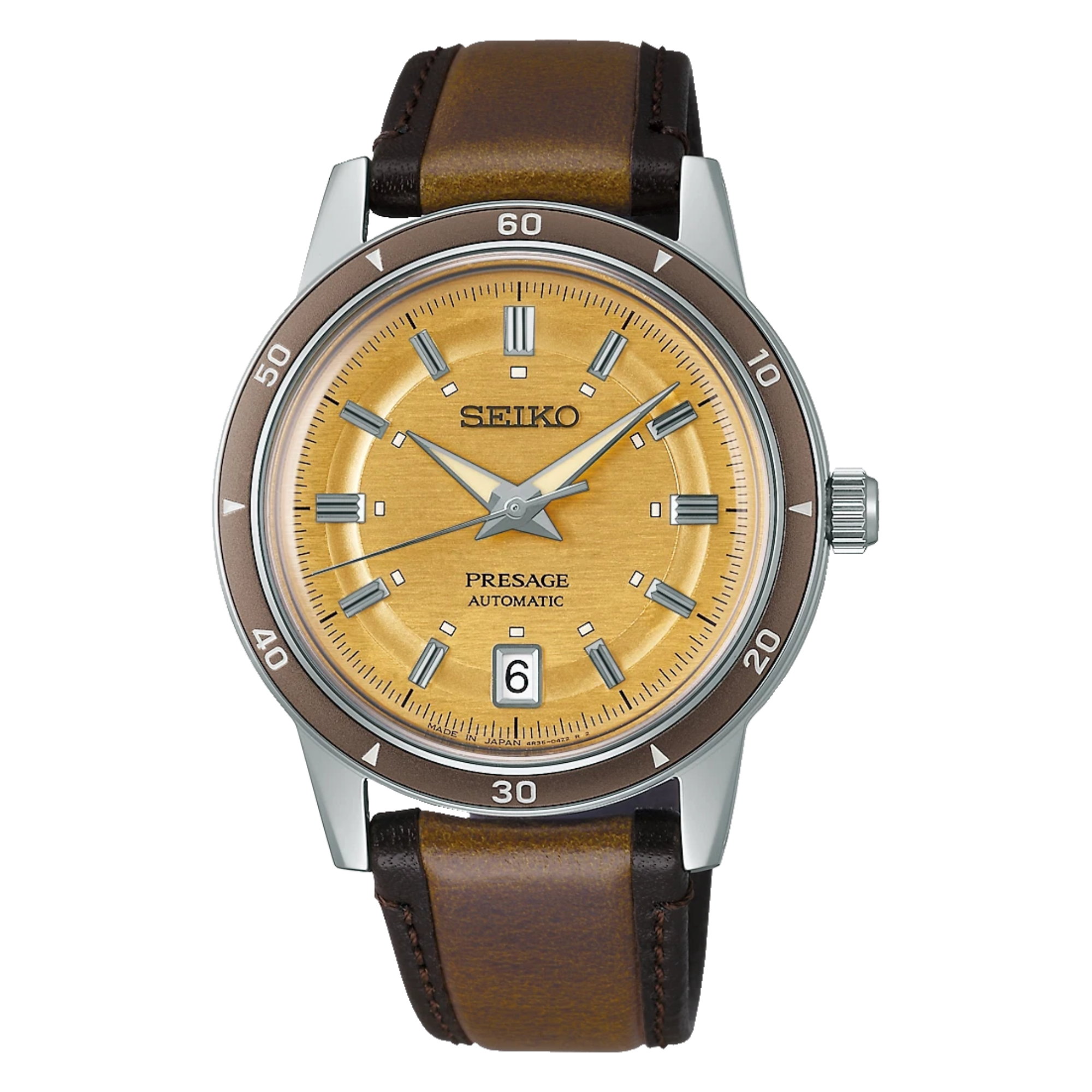 Seiko SRPL75J1 Presage Ship from Taiwan Presage Automatic Style 60s Yellow Gold Dial Leather Japan Made - Bijoux Eclore