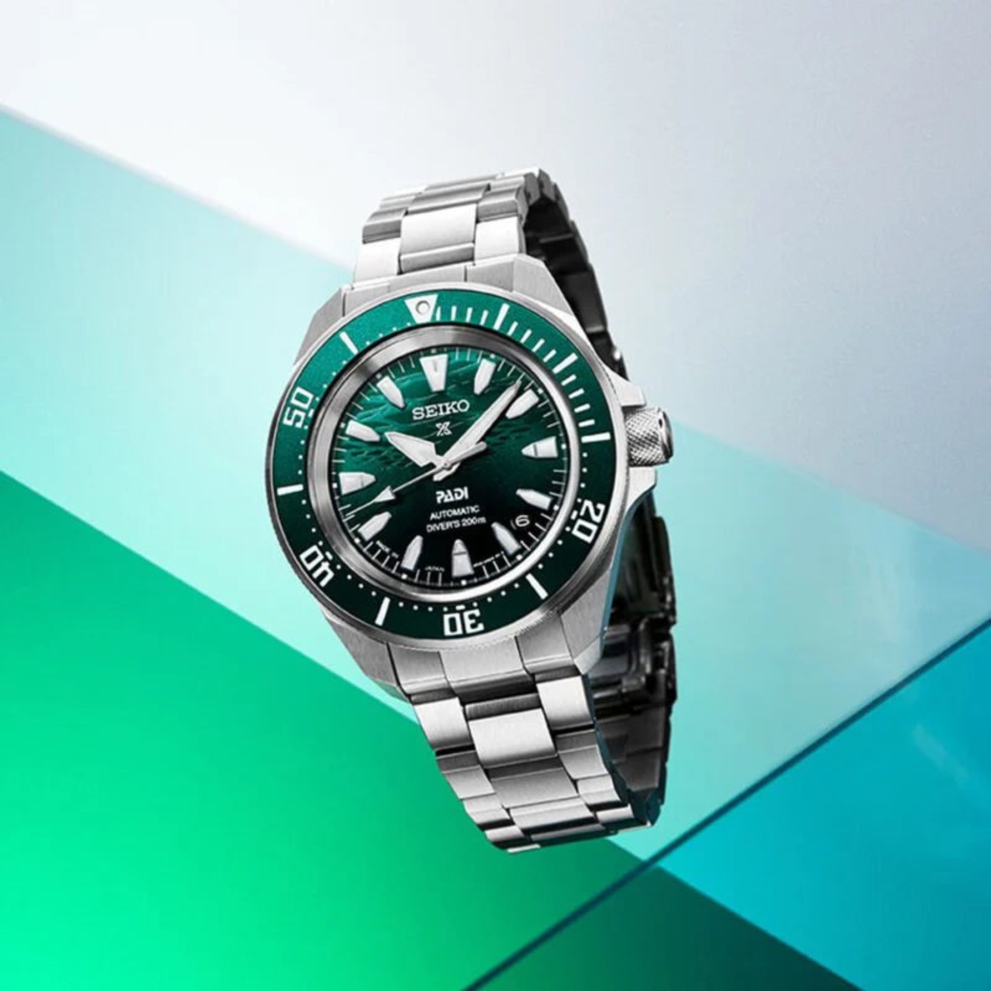 Seiko SRPL53K1 Prospex PADI 60th Anniversary 4R Compact Mechanical Diver’s Watch in Underwater Green - Bijoux Eclore