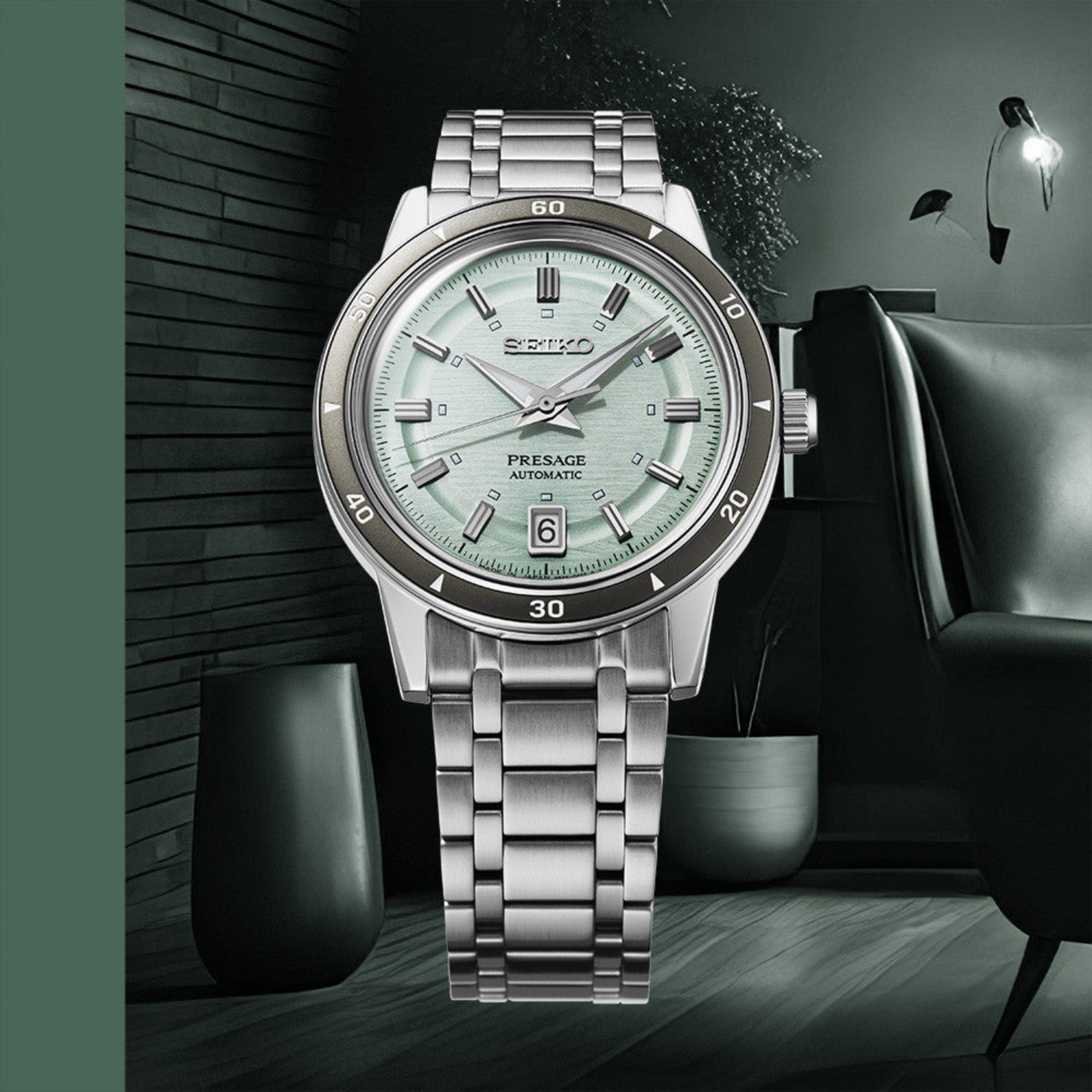 Seiko SRPL71J1 Presage Style 60s Automatic (39.5mm) Ice Green Dial / Stainless Steel Bracelet - Bijoux Eclore