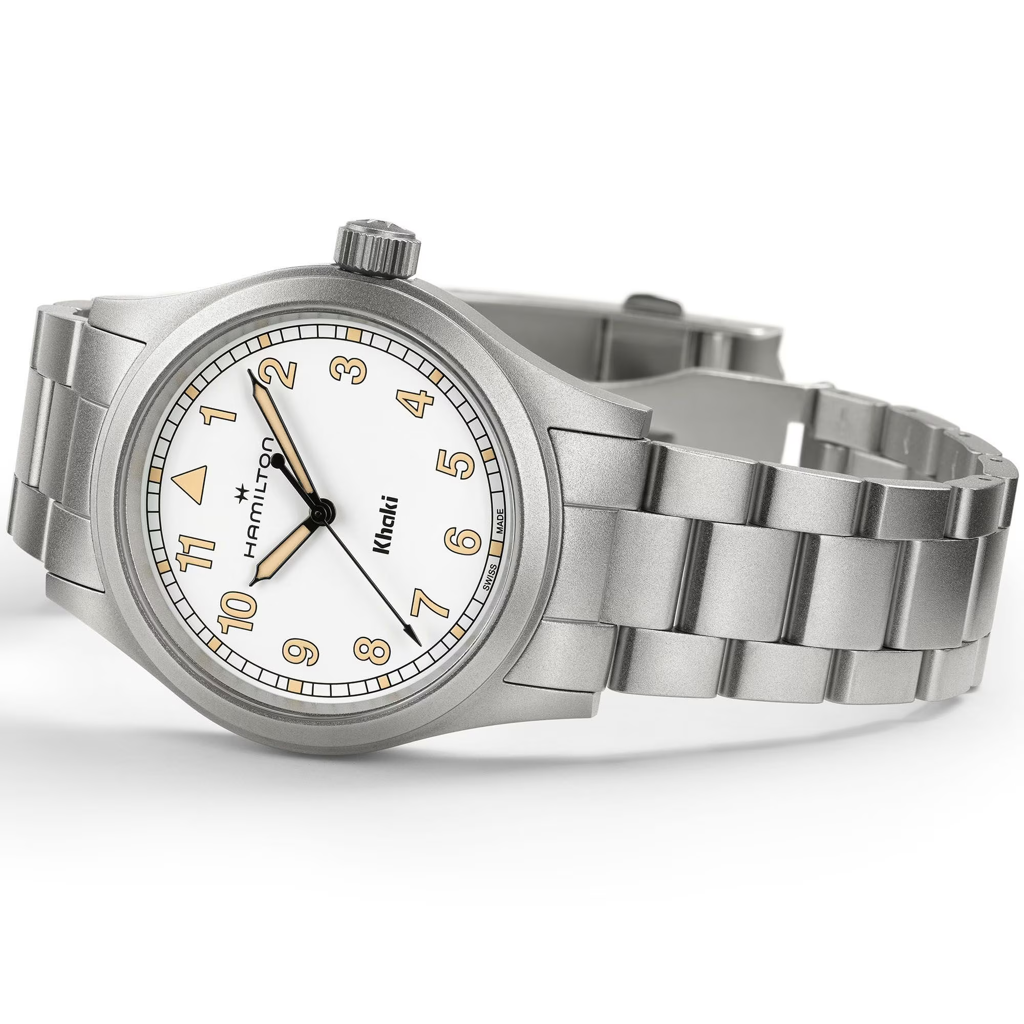 Khaki Field Quartz Watch offers a crisp white 38mm dial, durable stainless steel H69401110 - Bijoux Eclore