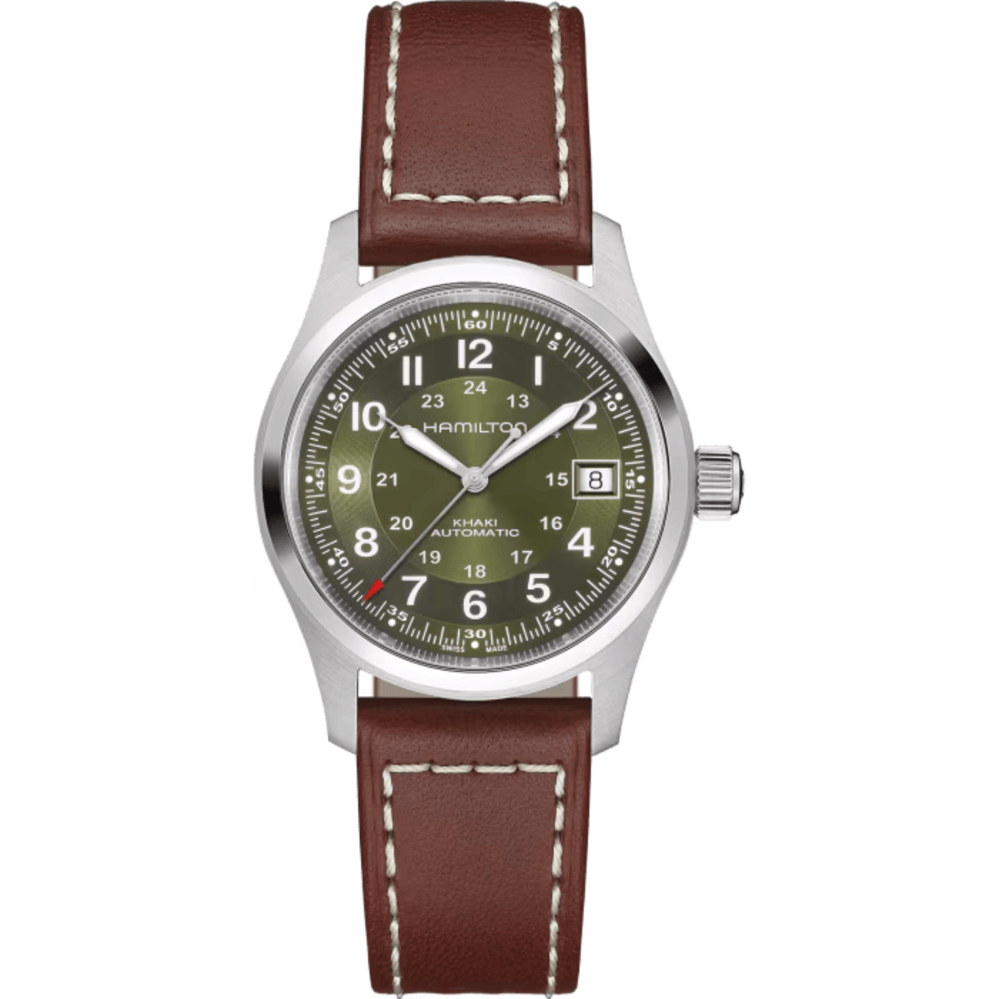 Hamilton Khaki Field Auto 38mm Green Dial Brown Leather Band Watch H70455560 - Bijoux Eclore