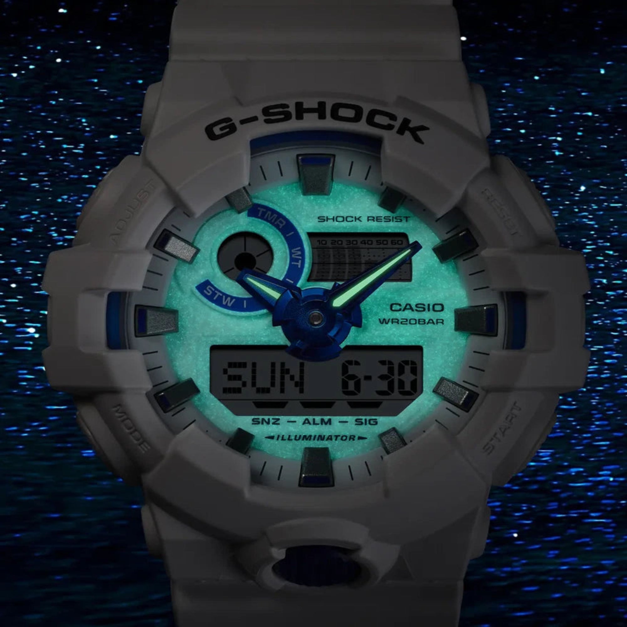 G-Shock GA700HDS-7A Summer Seas White and Blue Lume Dial Ana-Digi - Bijoux Eclore