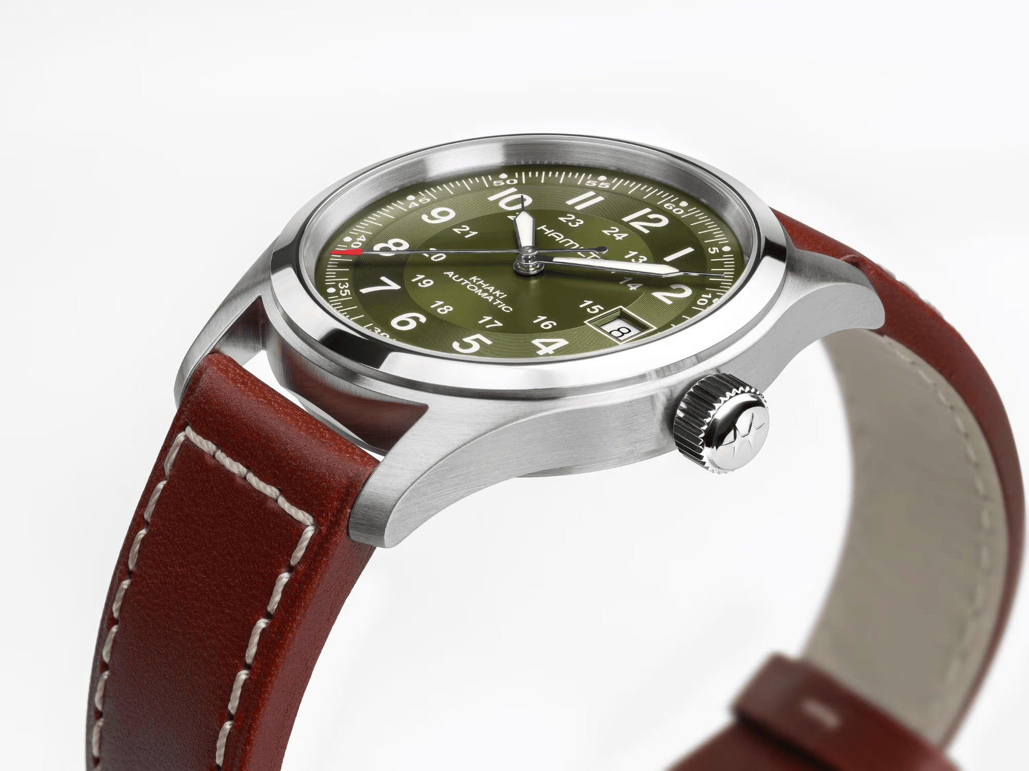 Hamilton Khaki Field Auto 38mm Green Dial Brown Leather Band Watch H70455560 - Bijoux Eclore