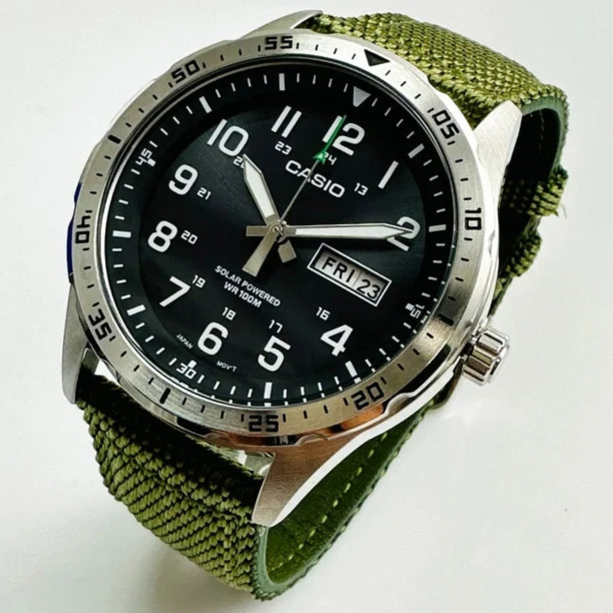 Casio MTPS120L-3AV Men's Solar Day and Date Green Nylon Strap 42mm Watch - Bijoux Eclore