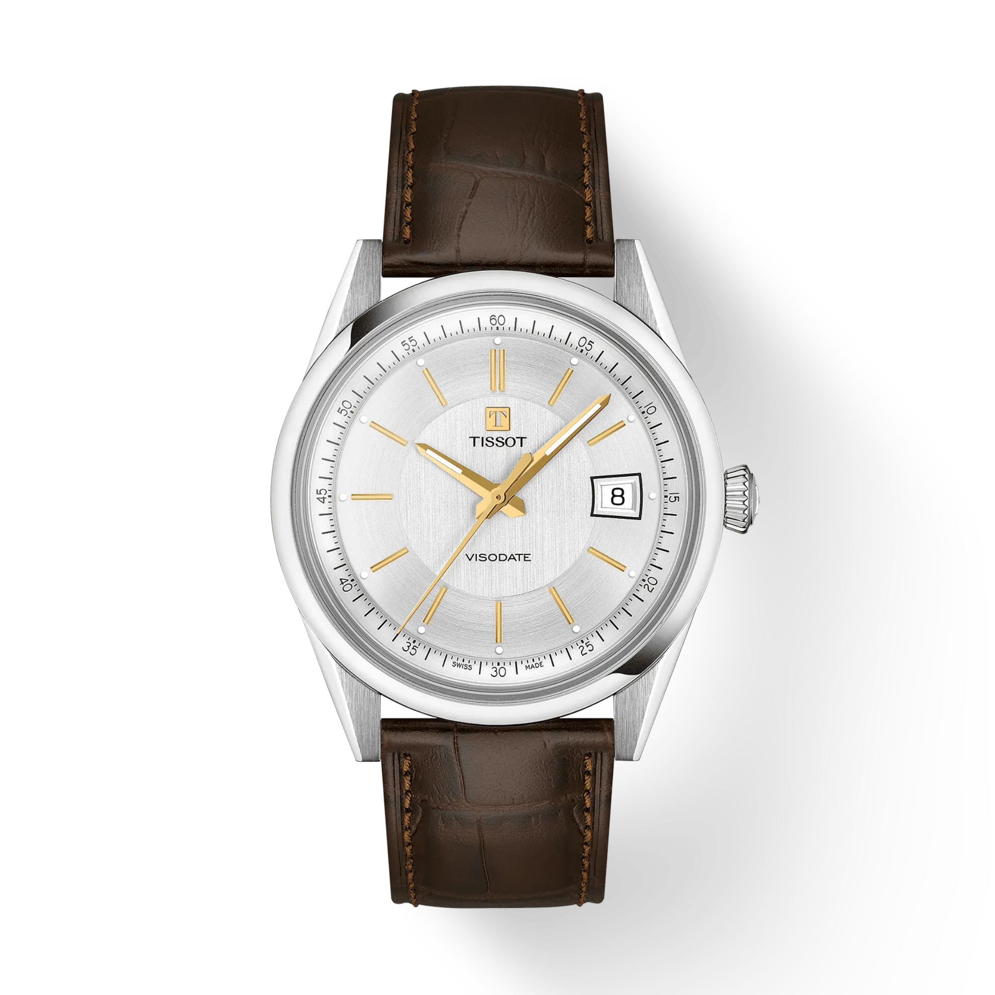 Tissot Visodate 39mm Powermatic 80 Automatic Silver Dial Brown Leather Strap Watch T1574071603100 - Bijoux Eclore