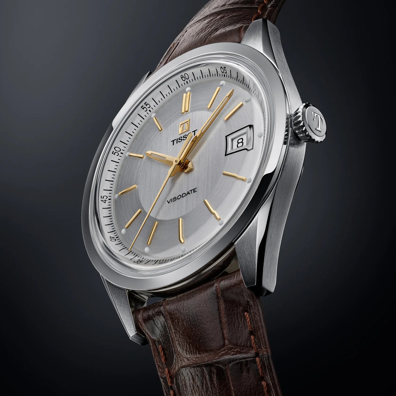Tissot Visodate 39mm Powermatic 80 Automatic Silver Dial Brown Leather Strap Watch T1574071603100 - Bijoux Eclore