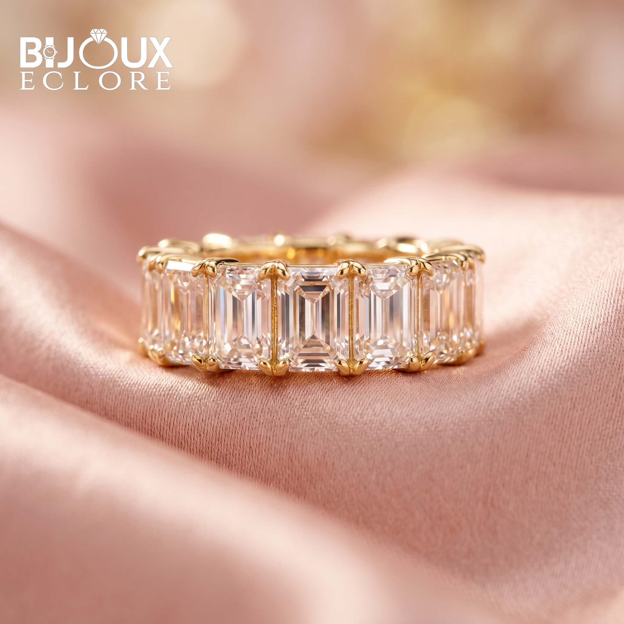 Luxury Full Eternity Diamond Ring in Yellow Gold with Emerald Cut Center Stones - Bijoux Eclore