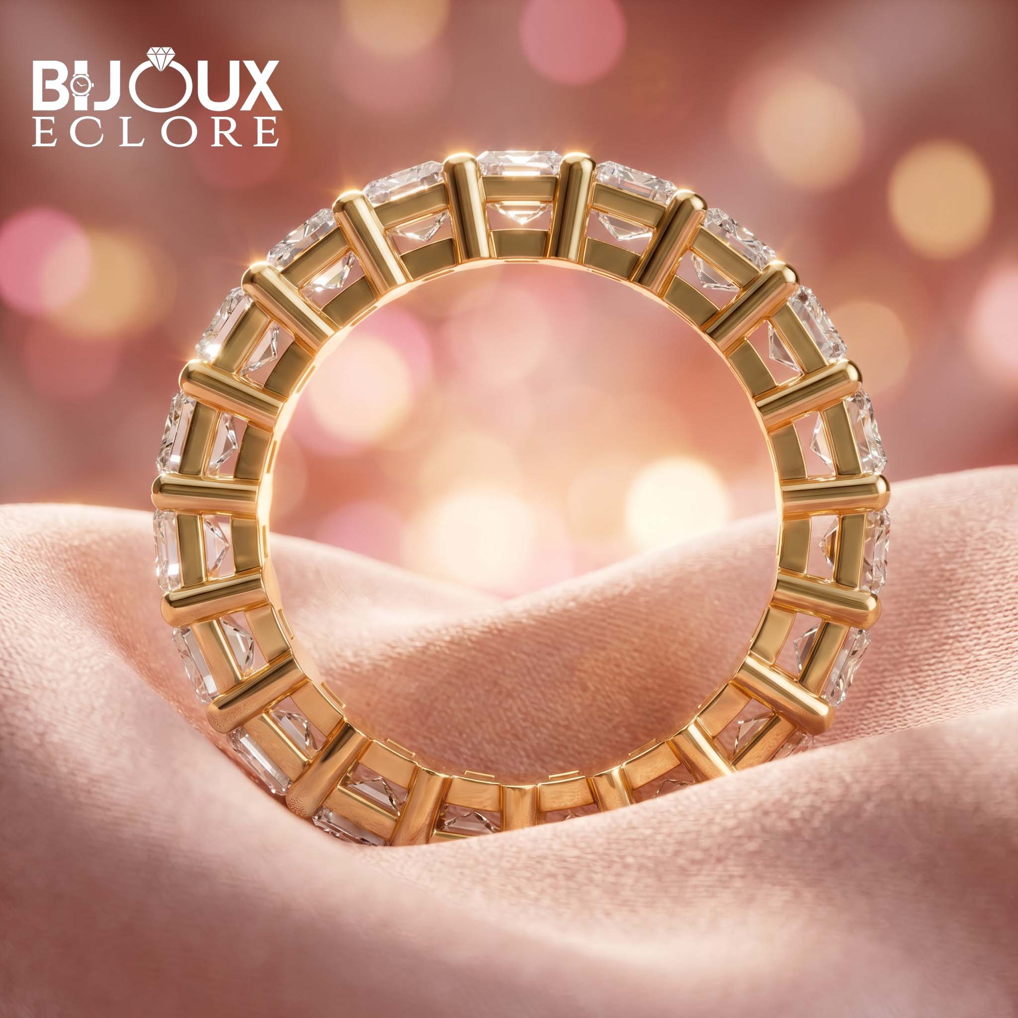 Luxury Full Eternity Diamond Ring in Yellow Gold with Emerald Cut Center Stones - Bijoux Eclore