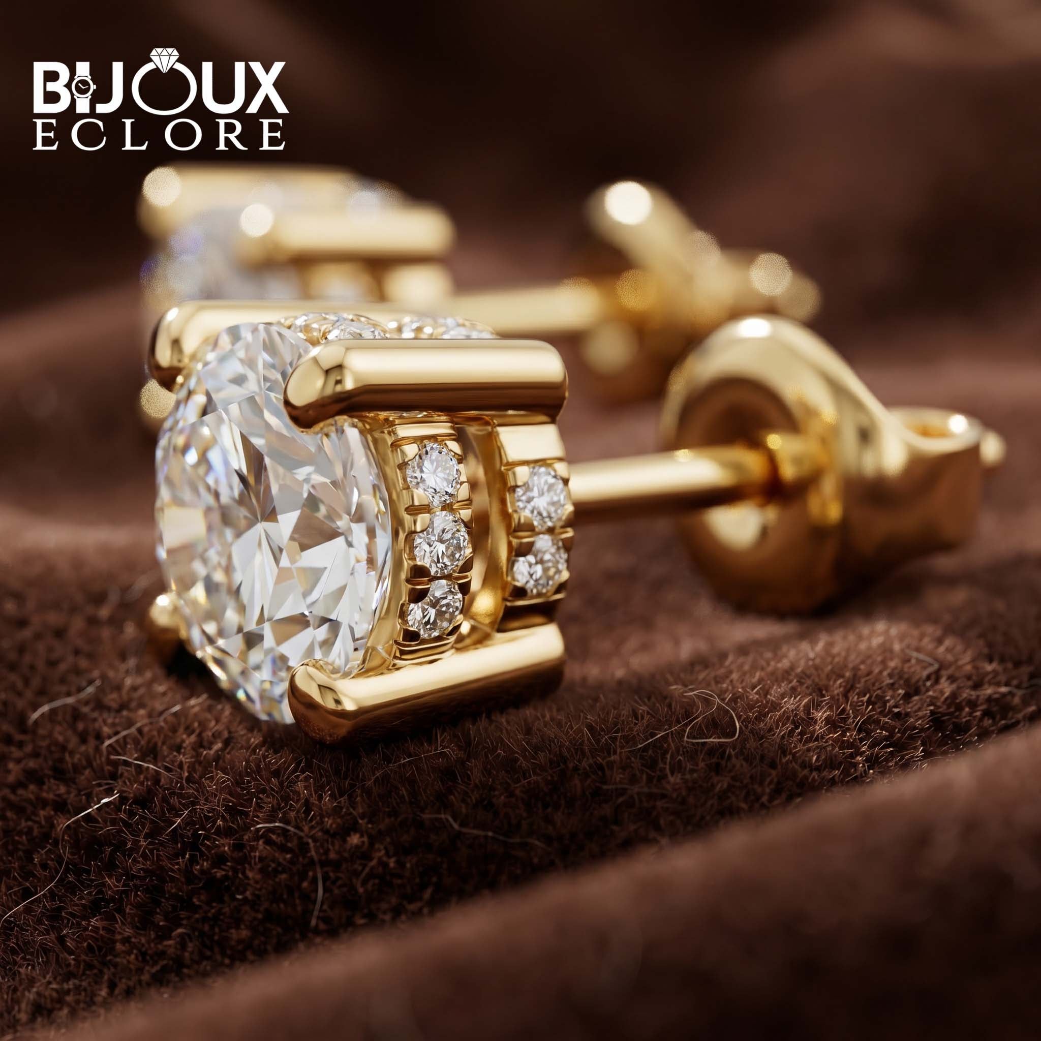 Elegant Yellow Gold Diamond Solitaire Stud Earrings with Brilliant Round Center Stones and Pavé Accents - Bijoux Eclore